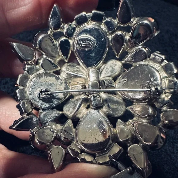 Vintage Albert WEISS Blue & Green Cateye Cabochon Rhinestone Bi-Color Brooch - Picture 6 of 6